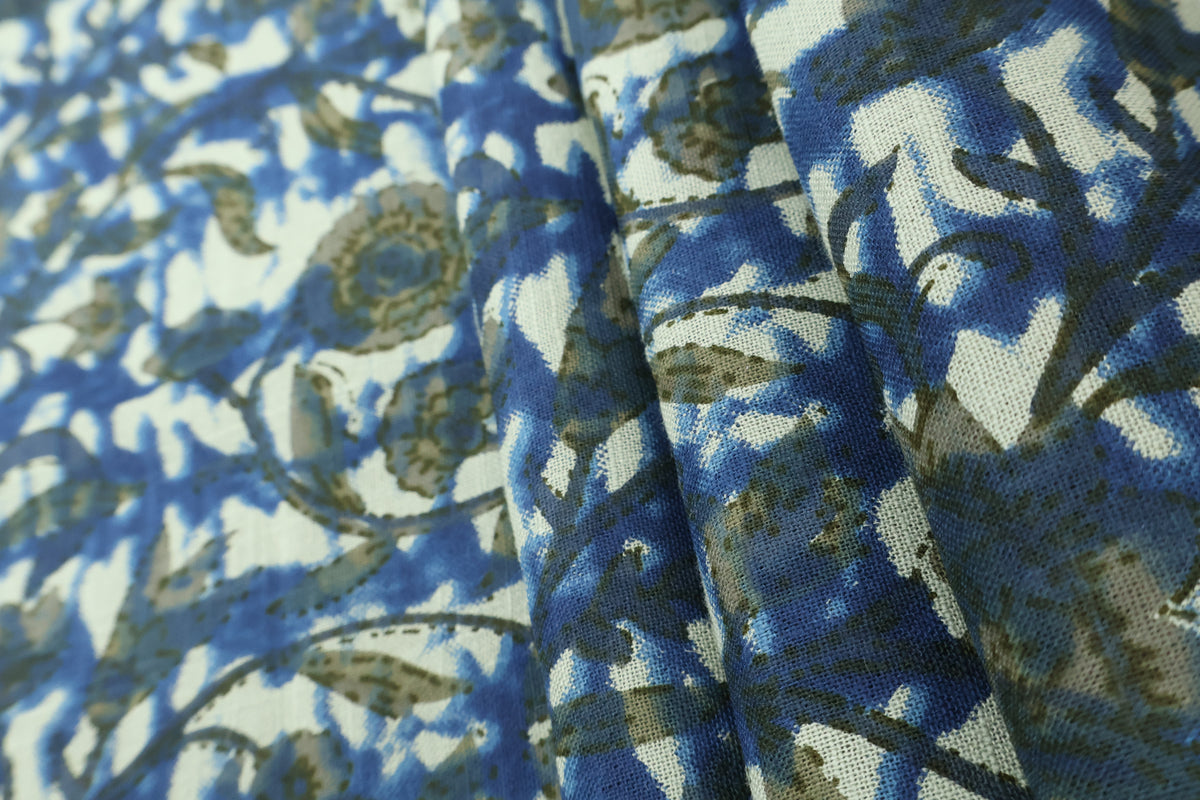 Blue Floral Blockprint Cotton Fabric: Handstamped Indian Fabric