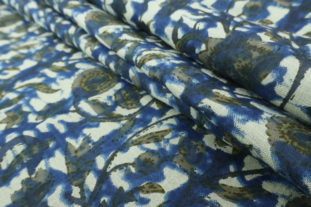 Blue Floral Blockprint Cotton Fabric: Handstamped Indian Fabric