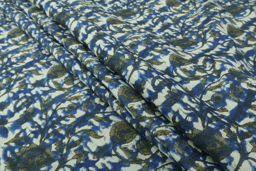 Blue Floral Blockprint Cotton Fabric: Handstamped Indian Fabric