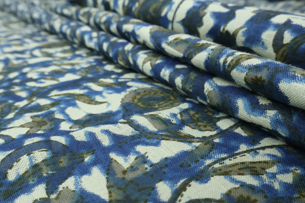 Blue Floral Blockprint Cotton Fabric: Handstamped Indian Fabric