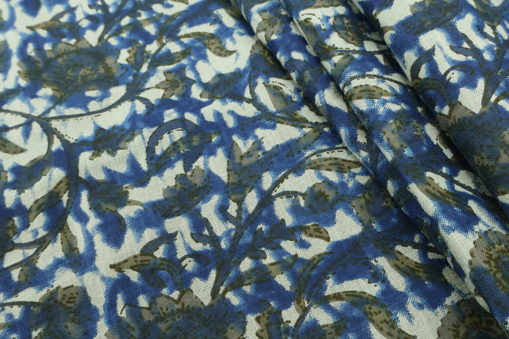 Blue Floral Blockprint Cotton Fabric: Handstamped Indian Fabric