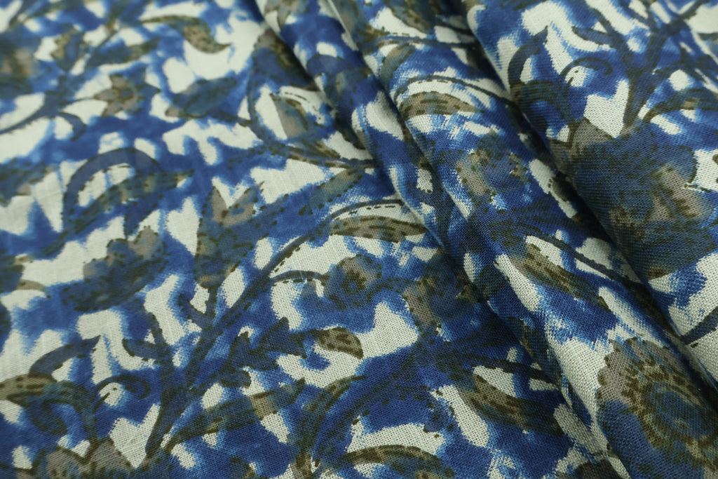 Blue Floral Blockprint Cotton Fabric: Handstamped Indian Fabric
