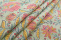 Hand Blockprint Cotton Fabric: Green & Pink Floral Mughal Print