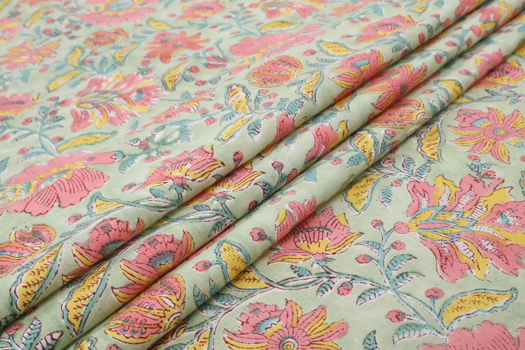 Hand Blockprint Cotton Fabric: Green & Pink Floral Mughal Print