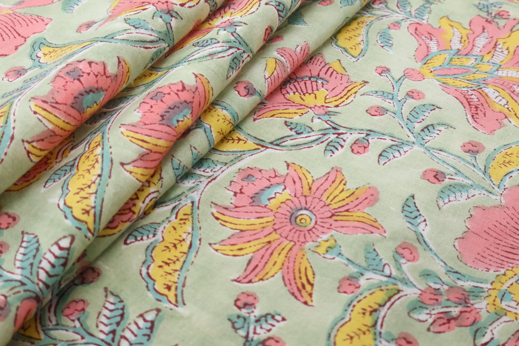 Hand Blockprint Cotton Fabric: Green & Pink Floral Mughal Print