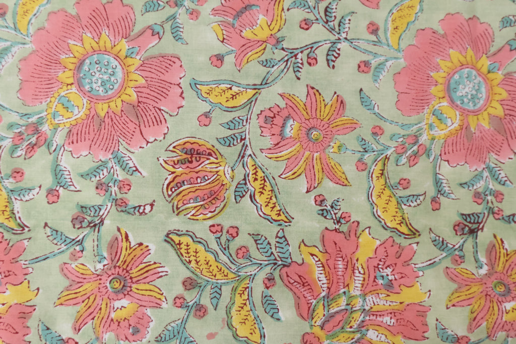 Hand Blockprint Cotton Fabric: Green & Pink Floral Mughal Print