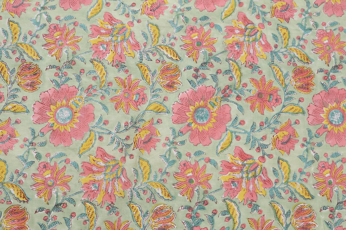 Hand Blockprint Cotton Fabric: Green & Pink Floral Mughal Print