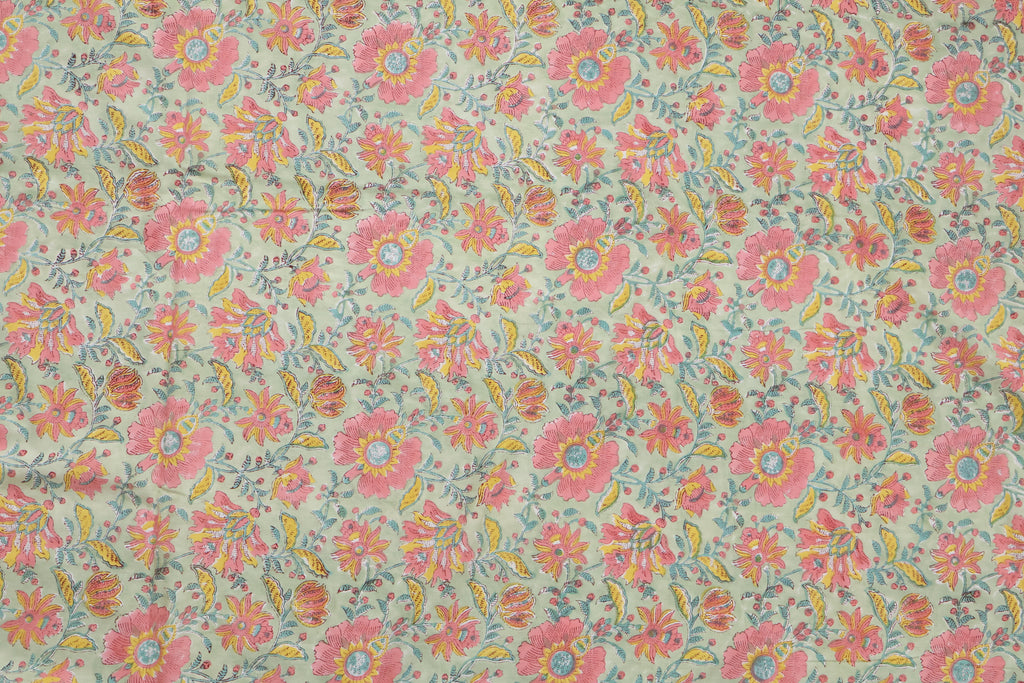 Hand Blockprint Cotton Fabric: Green & Pink Floral Mughal Print