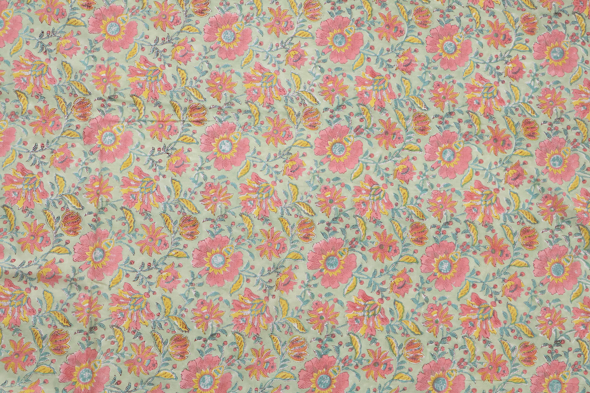 Hand Blockprint Cotton Fabric: Green & Pink Floral Mughal Print