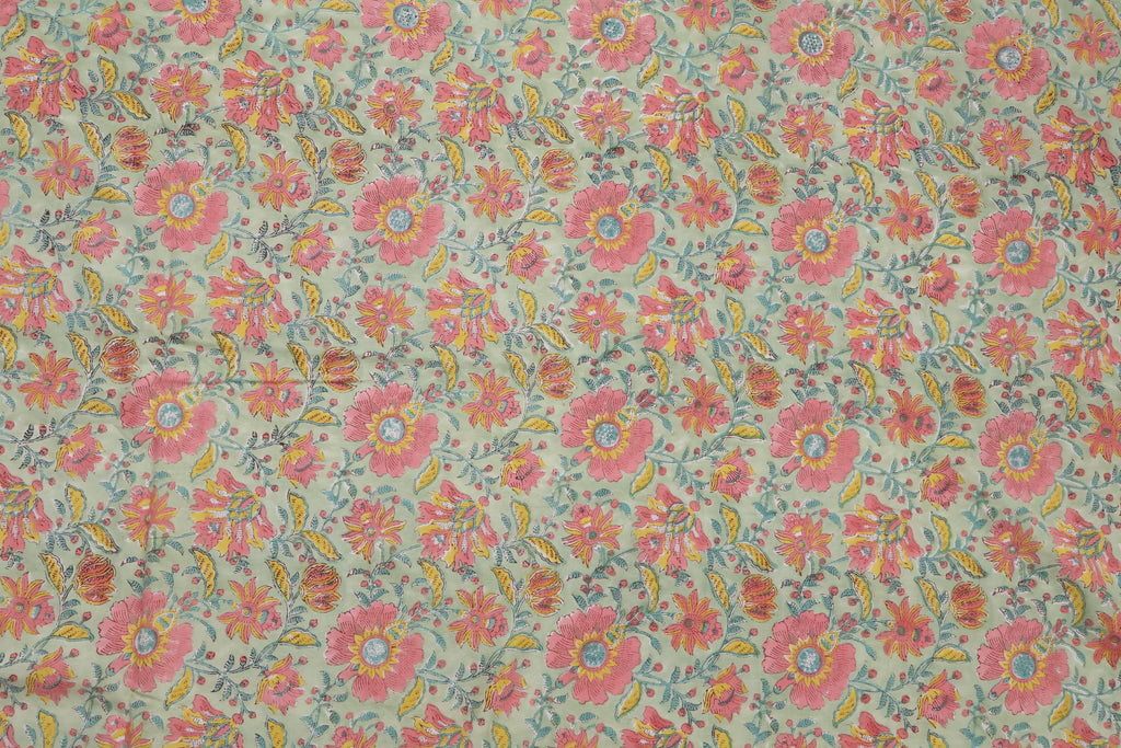 Hand Blockprint Cotton Fabric: Green & Pink Floral Mughal Print