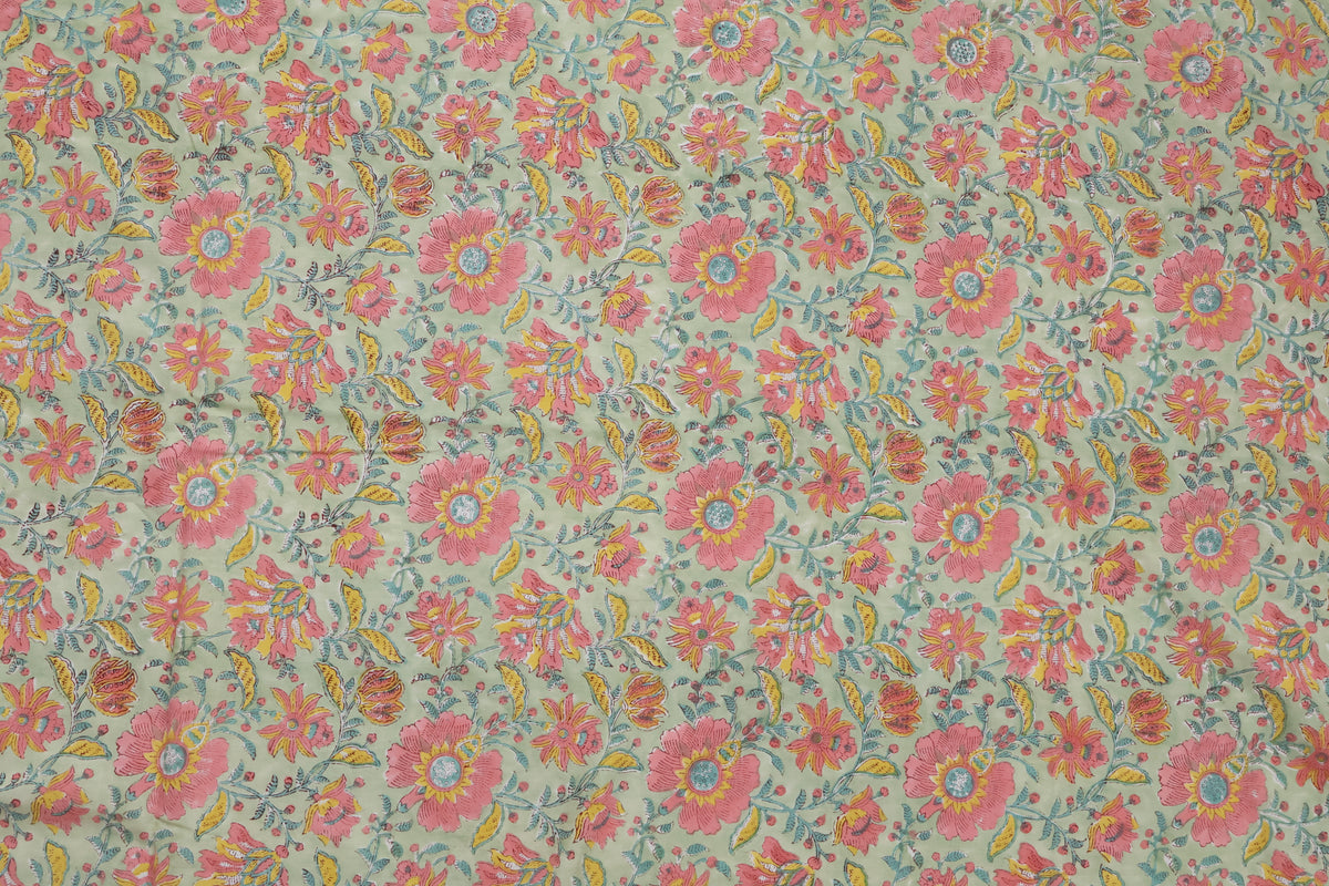 Hand Blockprint Cotton Fabric: Green & Pink Floral Mughal Print