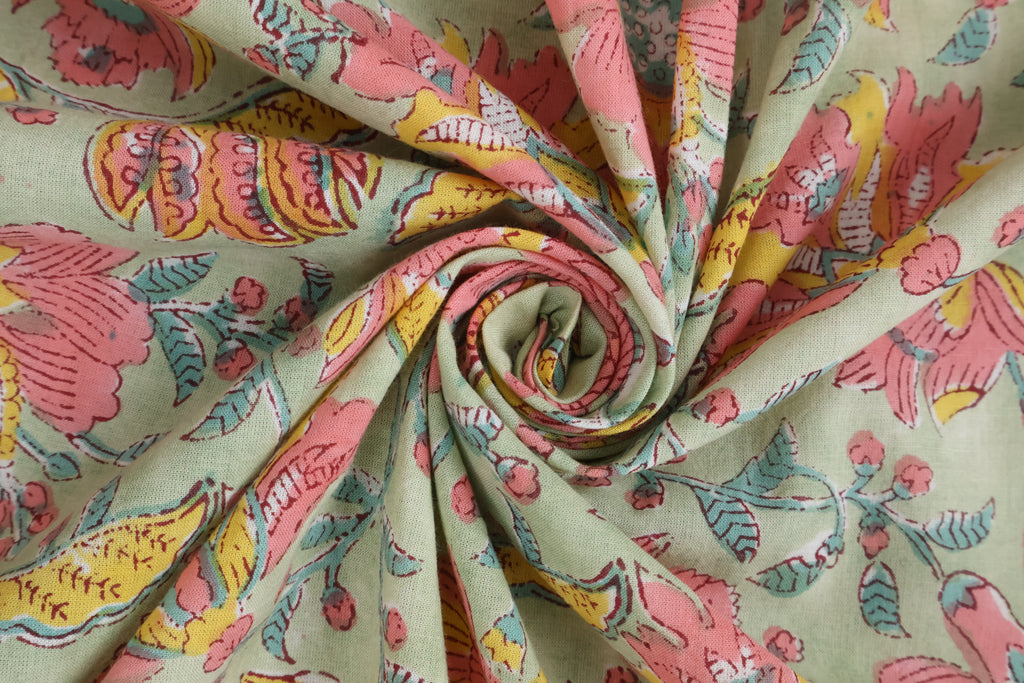 Hand Blockprint Cotton Fabric: Green & Pink Floral Mughal Print