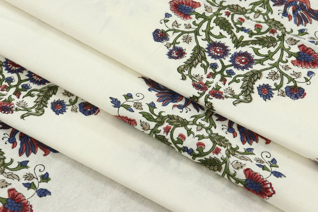 Hand Block Print Indian Cotton Fabric: Mughal Floral Print