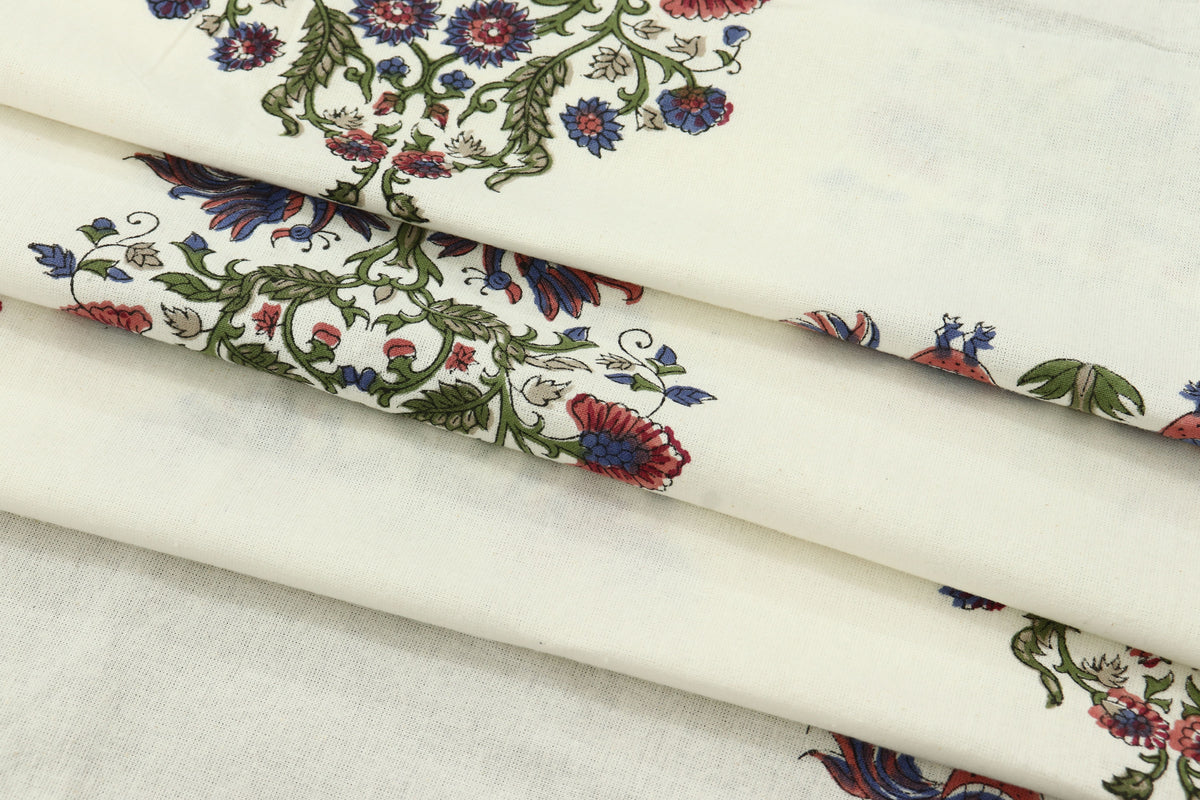 Hand Block Print Indian Cotton Fabric: Mughal Floral Print