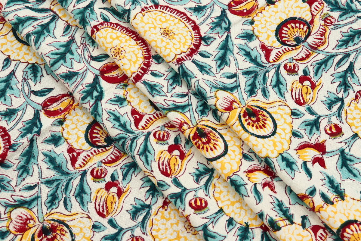 Blue and Yellow colour Pure Cotton Block Print Fabric by the Yard, fabric by the meter, Indian Wood Block, Handstamped