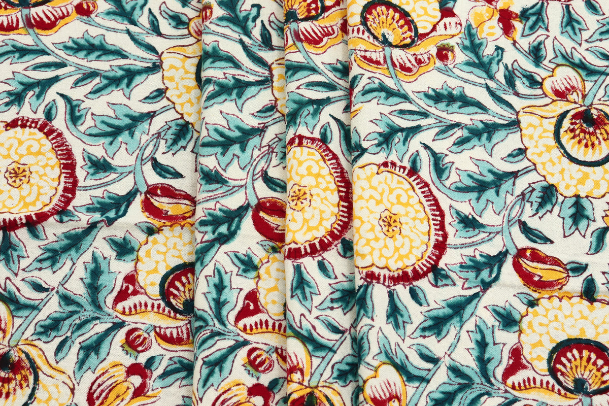 Blue and Yellow colour Pure Cotton Block Print Fabric by the Yard, fabric by the meter, Indian Wood Block, Handstamped