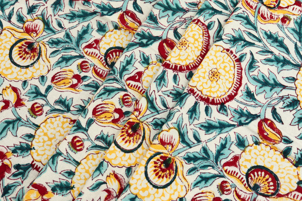 Blue and Yellow colour Pure Cotton Block Print Fabric by the Yard, fabric by the meter, Indian Wood Block, Handstamped