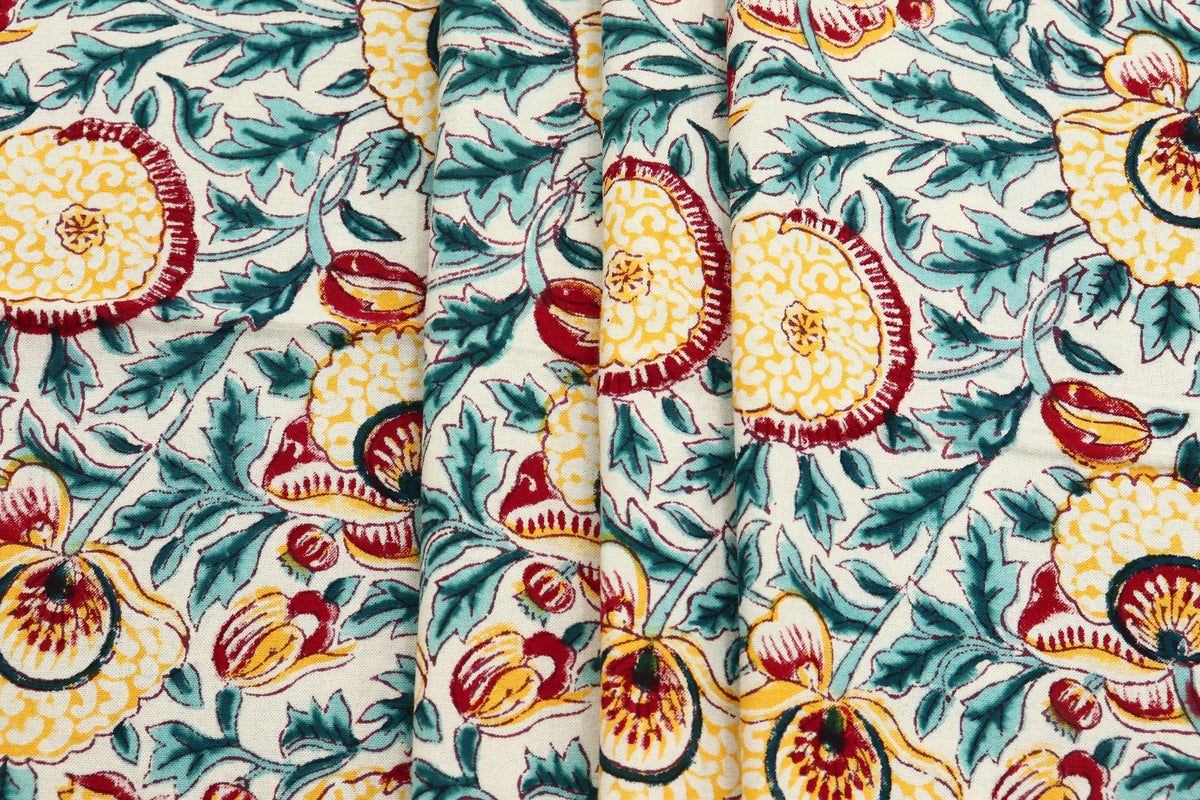 Blue and Yellow colour Pure Cotton Block Print Fabric by the Yard, fabric by the meter, Indian Wood Block, Handstamped
