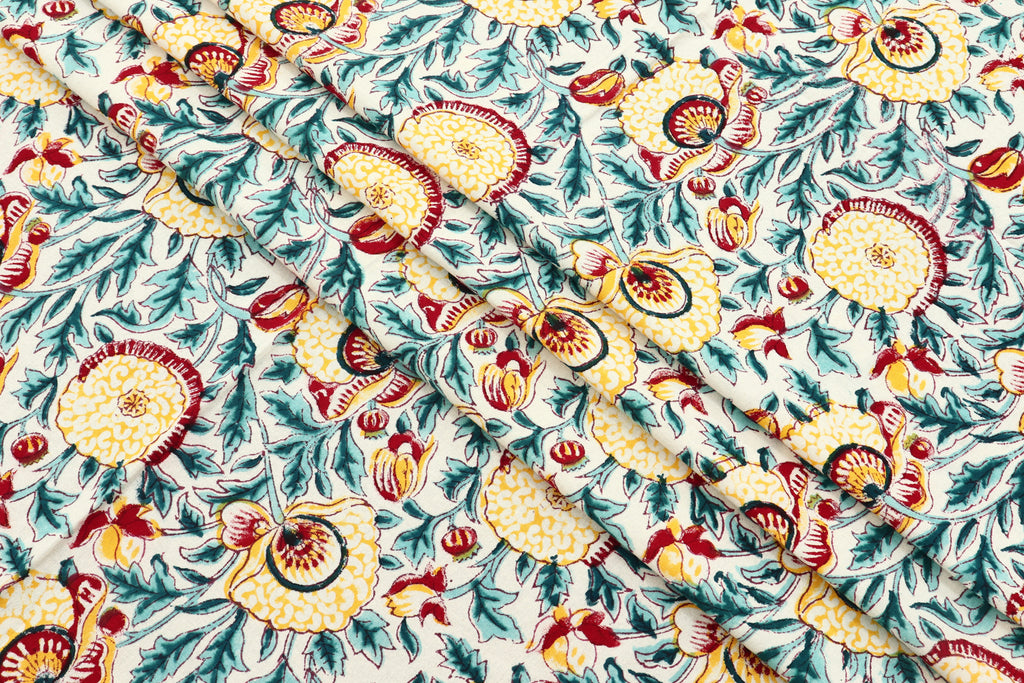 Blue and Yellow colour Pure Cotton Block Print Fabric by the Yard, fabric by the meter, Indian Wood Block, Handstamped