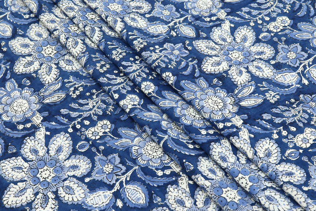 Blue and White colour Pure Cotton Block Print Fabric by the Yard, fabric by the meter, Indian Wood Block, Handstamped