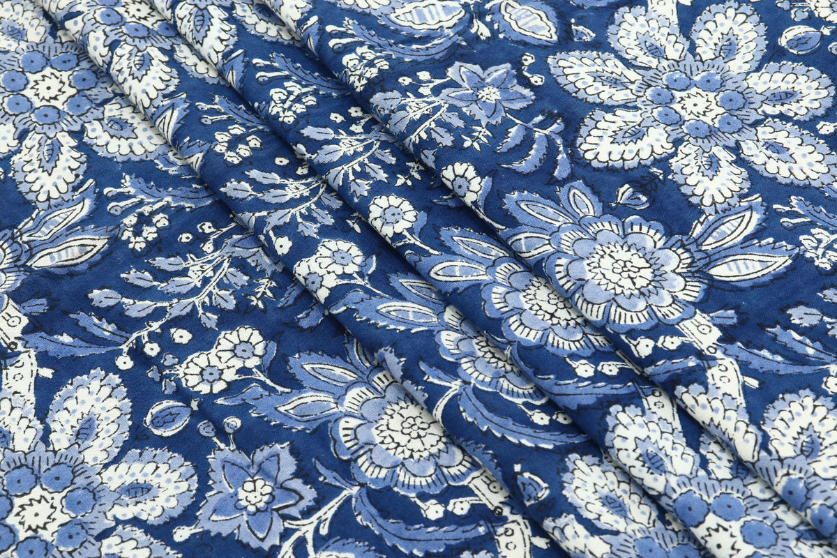 Blue and White colour Pure Cotton Block Print Fabric by the Yard, fabric by the meter, Indian Wood Block, Handstamped