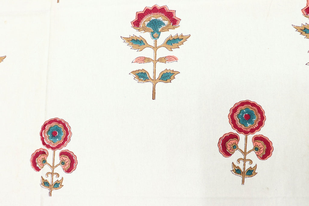Mughal Floral Print Cotton Fabric: Hand Block Printed Indian Fabric