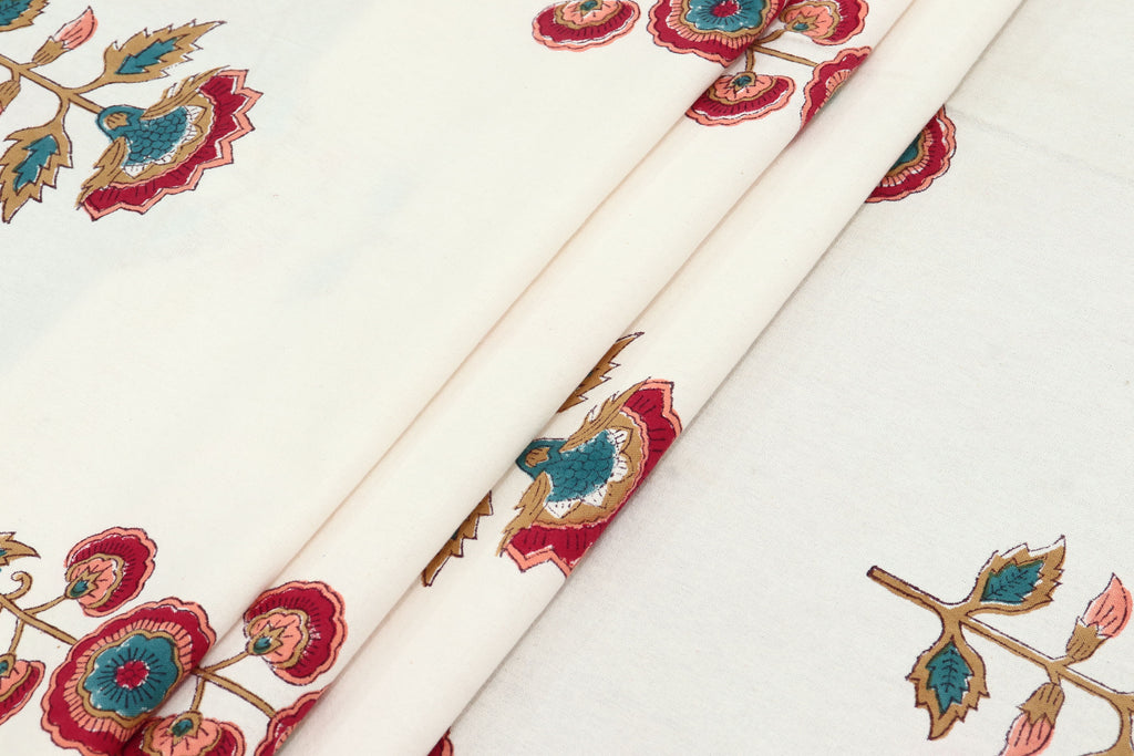 Mughal Floral Print Cotton Fabric: Hand Block Printed Indian Fabric