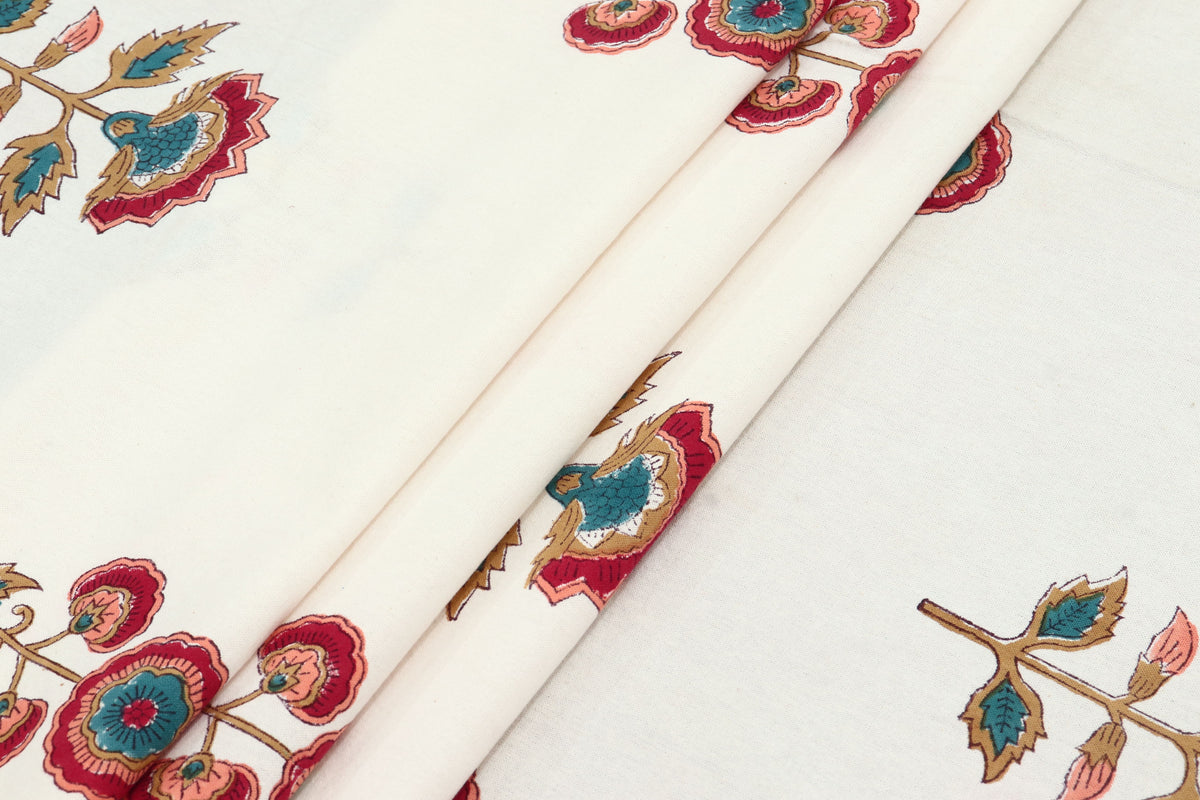 Mughal Floral Print Cotton Fabric: Hand Block Printed Indian Fabric