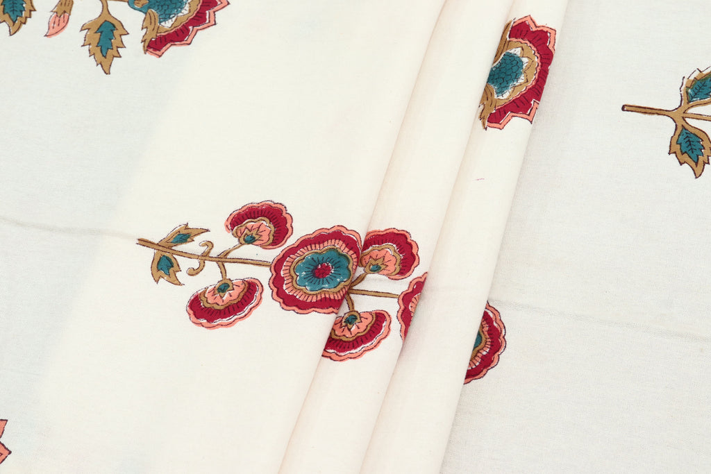Mughal Floral Print Cotton Fabric: Hand Block Printed Indian Fabric