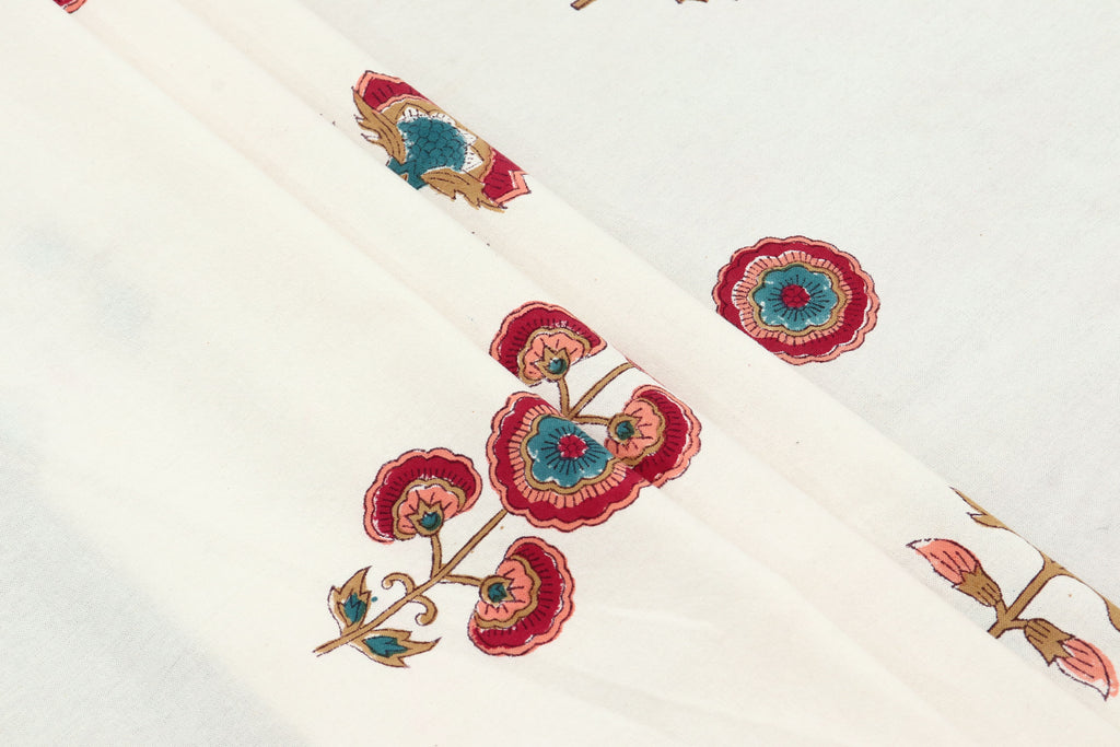 Mughal Floral Print Cotton Fabric: Hand Block Printed Indian Fabric