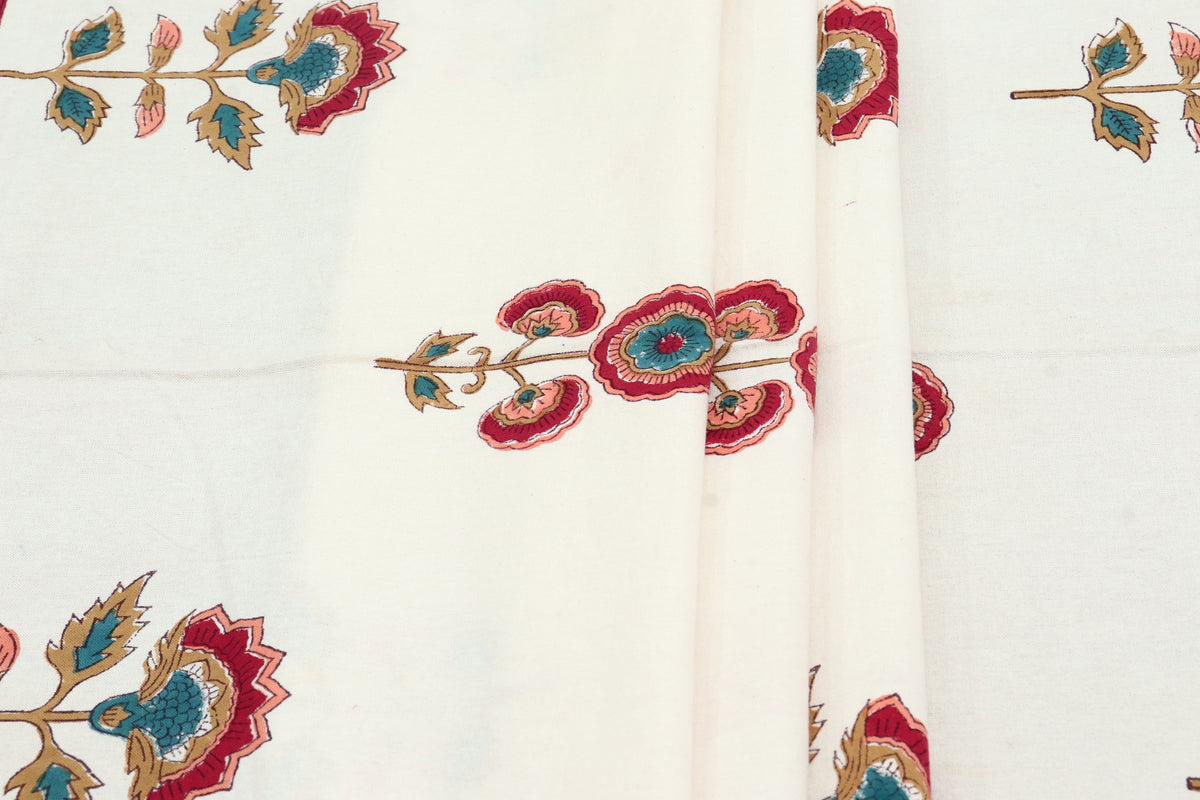 Mughal Floral Print Cotton Fabric: Hand Block Printed Indian Fabric