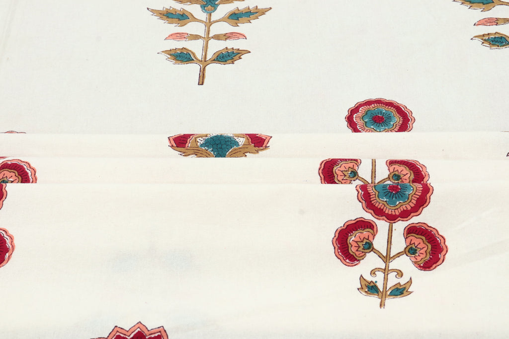 Mughal Floral Print Cotton Fabric: Hand Block Printed Indian Fabric