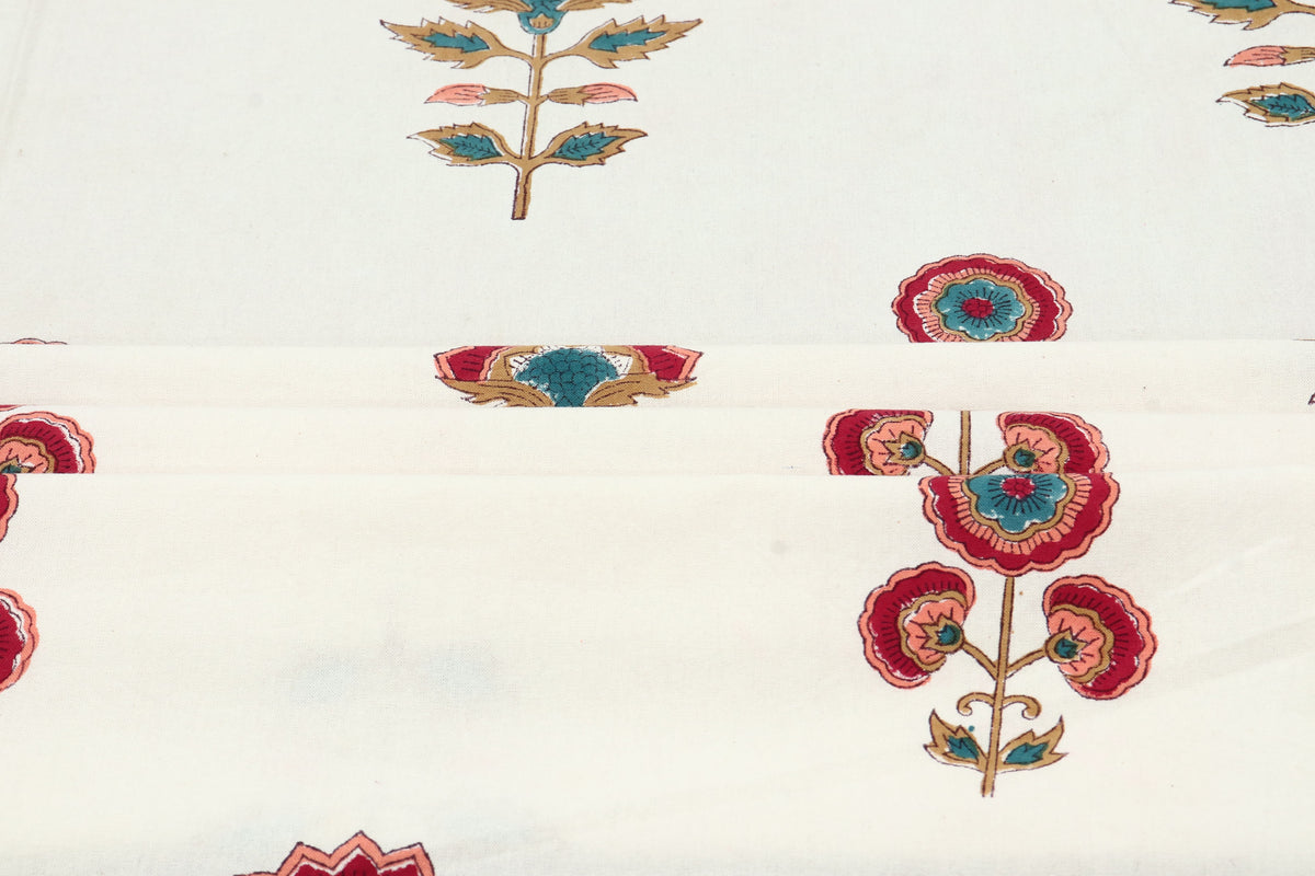 Mughal Floral Print Cotton Fabric: Hand Block Printed Indian Fabric