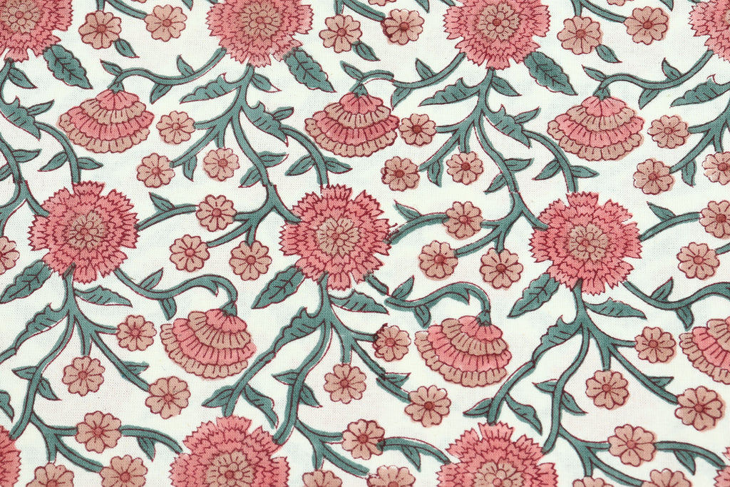 Pink Floral Block Print Cotton Fabric: Indian Hand-Stamped Fabric