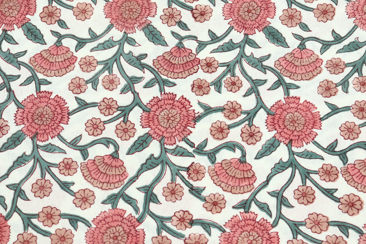 Pink Floral Block Print Cotton Fabric: Indian Hand-Stamped Fabric