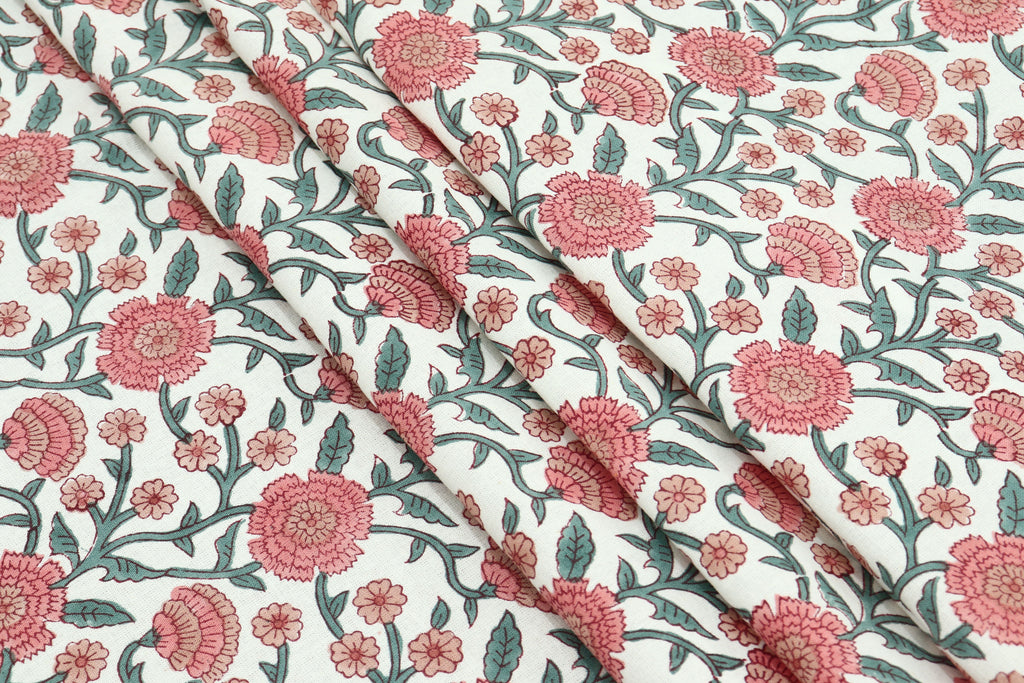 Pink Floral Block Print Cotton Fabric: Indian Hand-Stamped Fabric