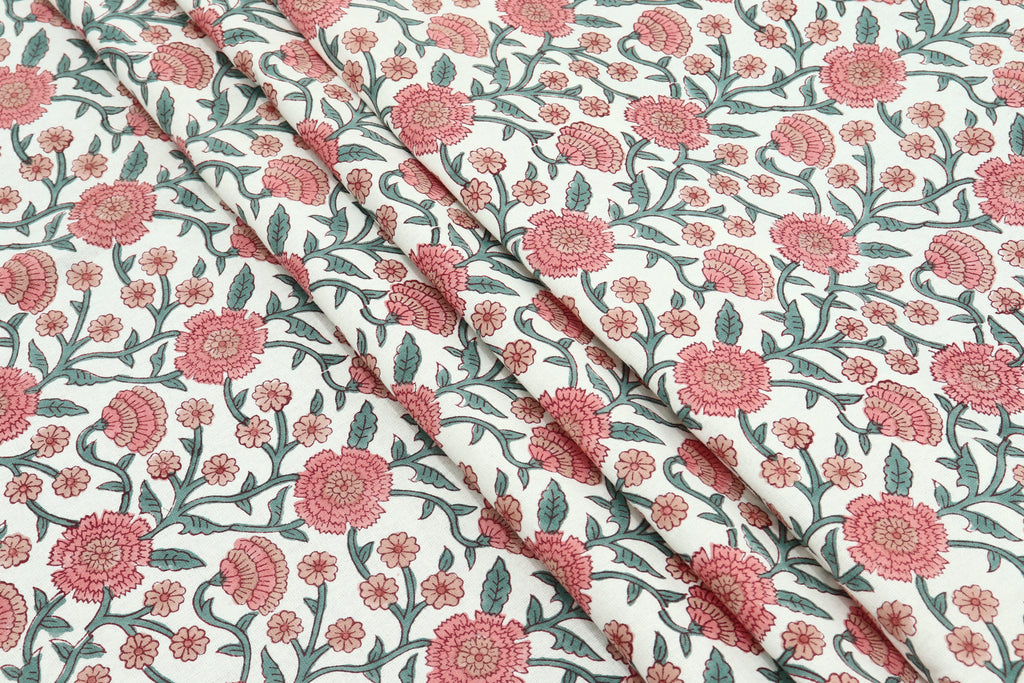 Pink Floral Block Print Cotton Fabric: Indian Hand-Stamped Fabric