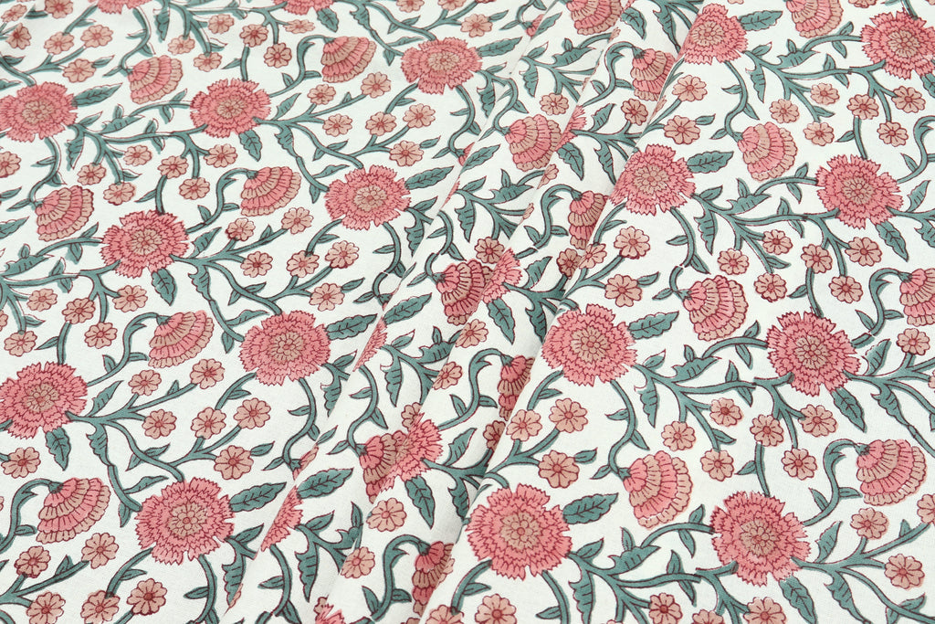 Pink Floral Block Print Cotton Fabric: Indian Hand-Stamped Fabric