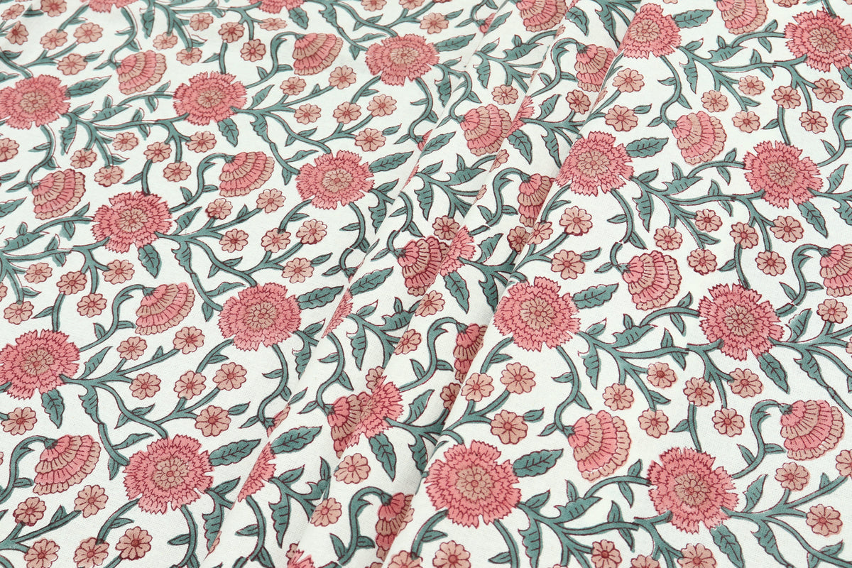 Pink Floral Block Print Cotton Fabric: Indian Hand-Stamped Fabric