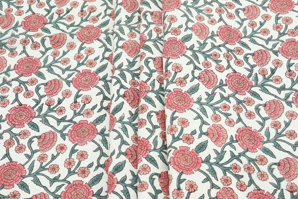 Pink Floral Block Print Cotton Fabric: Indian Hand-Stamped Fabric