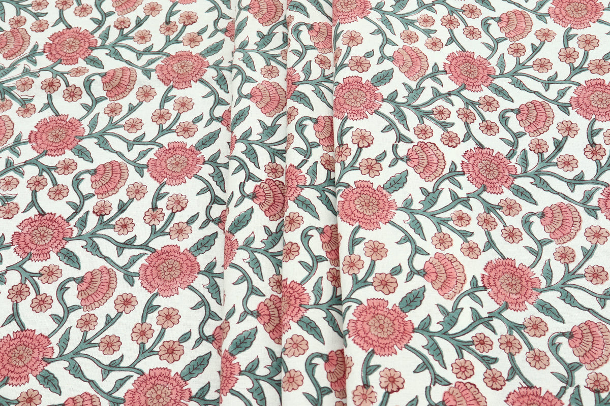 Pink Floral Block Print Cotton Fabric: Indian Hand-Stamped Fabric