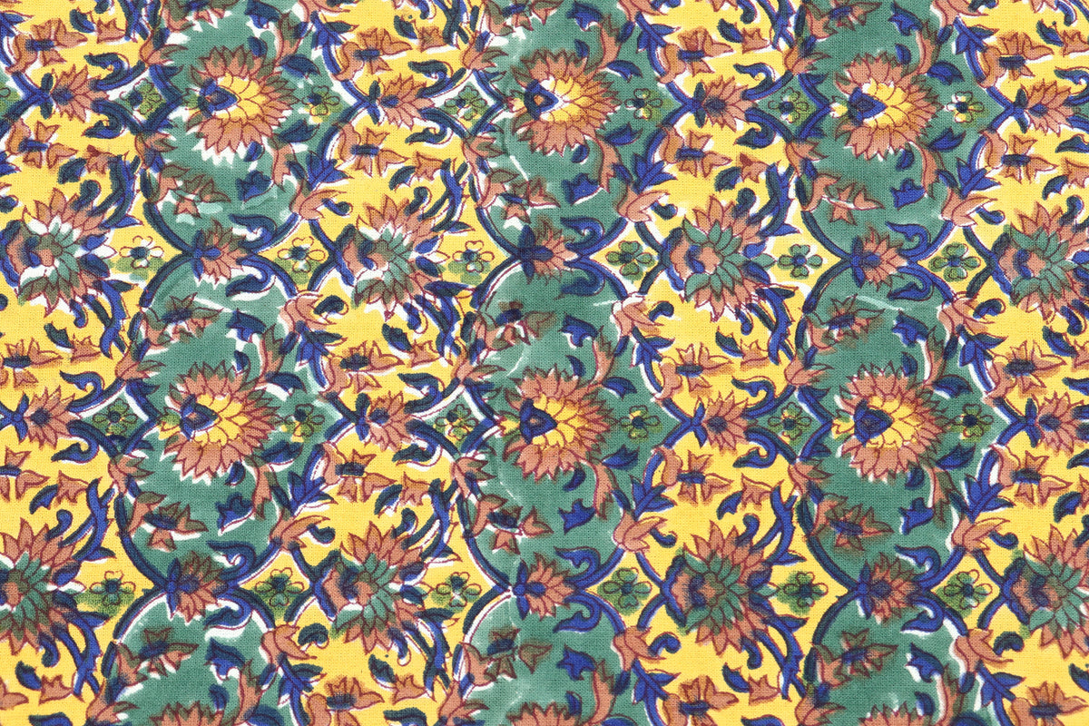 Yellow and Green colour Pure Cotton Block Print Fabric by the Yard, fabric by the meter, Indian Wood Block, Handstamped