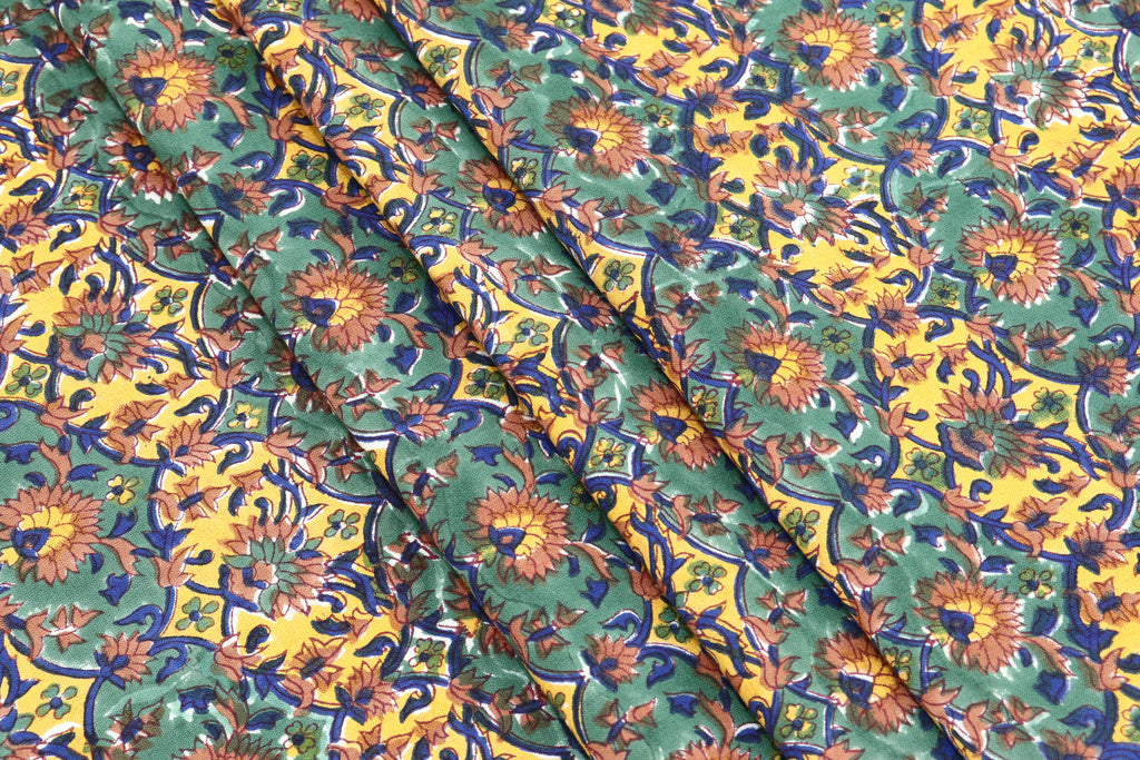 Yellow and Green colour Pure Cotton Block Print Fabric by the Yard, fabric by the meter, Indian Wood Block, Handstamped