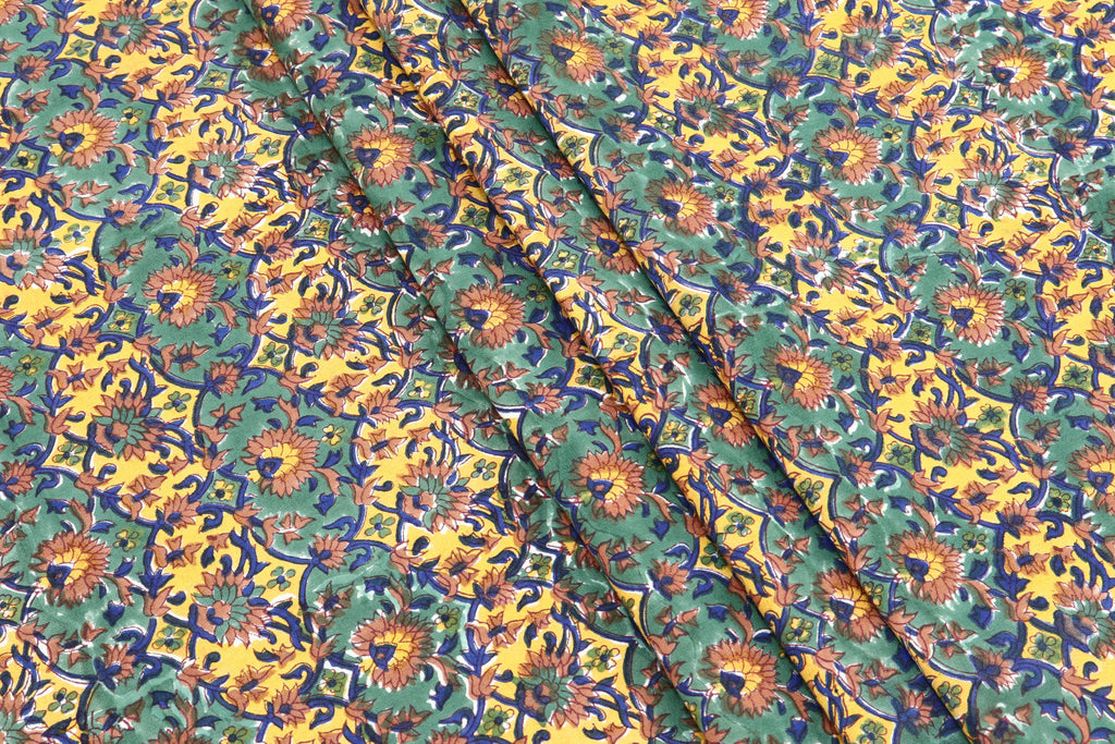 Yellow and Green colour Pure Cotton Block Print Fabric by the Yard, fabric by the meter, Indian Wood Block, Handstamped