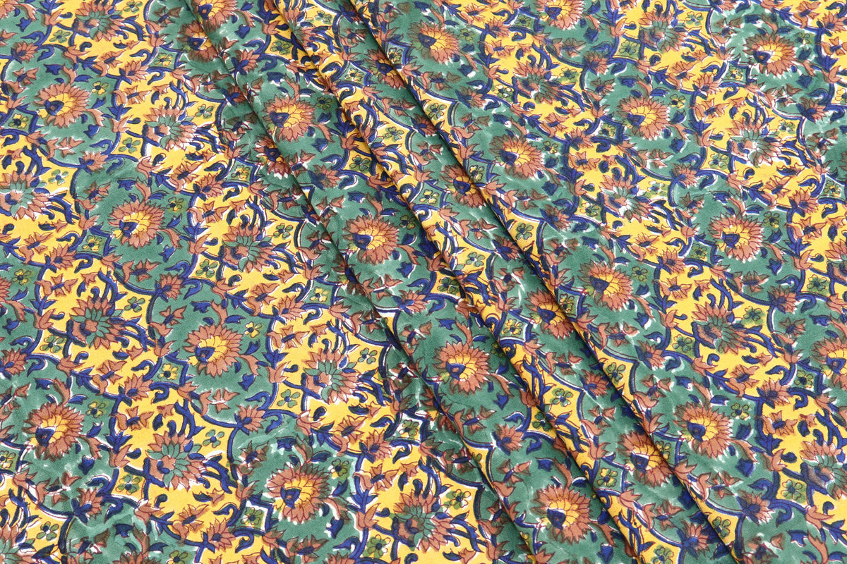 Yellow and Green colour Pure Cotton Block Print Fabric by the Yard, fabric by the meter, Indian Wood Block, Handstamped