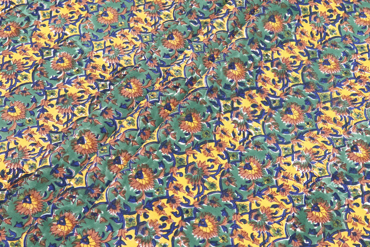 Yellow and Green colour Pure Cotton Block Print Fabric by the Yard, fabric by the meter, Indian Wood Block, Handstamped