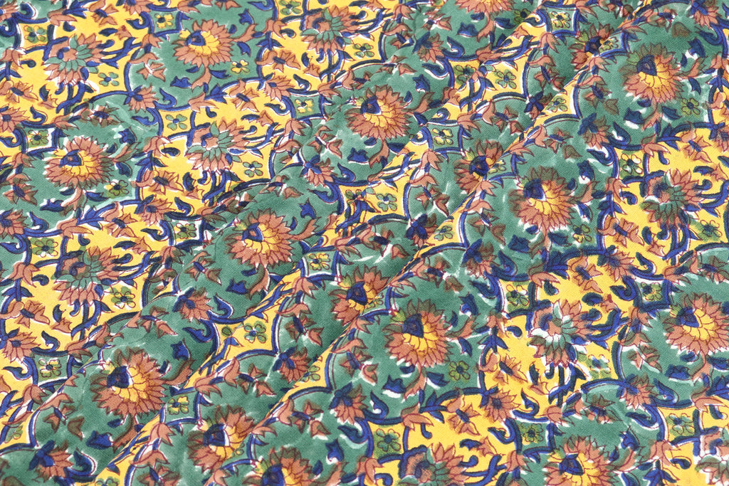 Yellow and Green colour Pure Cotton Block Print Fabric by the Yard, fabric by the meter, Indian Wood Block, Handstamped