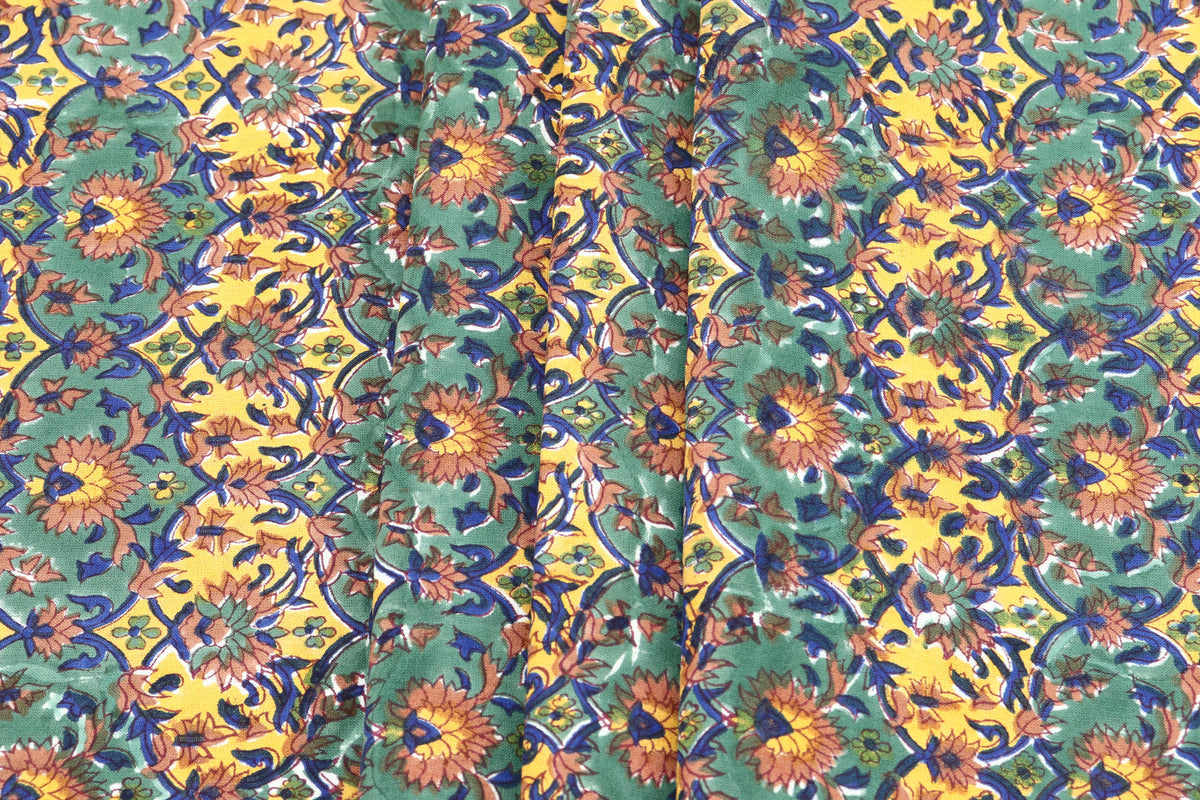 Yellow and Green colour Pure Cotton Block Print Fabric by the Yard, fabric by the meter, Indian Wood Block, Handstamped