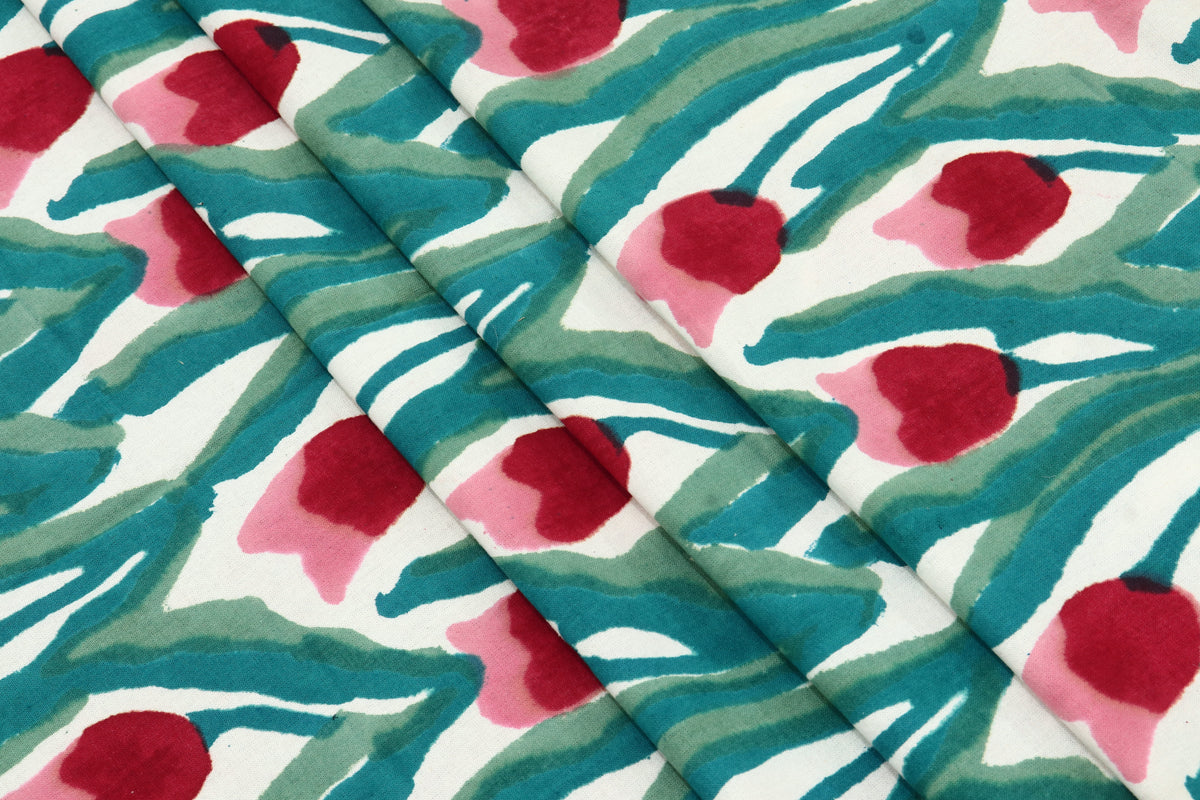 Green and Red colour Pure Cotton Block Print Fabric by the Yard, fabric by the meter, Indian Wood Block, Handstamped