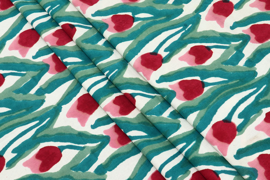 Green and Red colour Pure Cotton Block Print Fabric by the Yard, fabric by the meter, Indian Wood Block, Handstamped